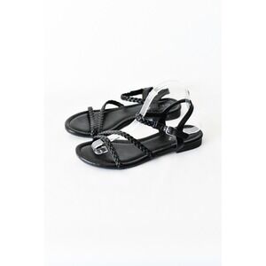 Greatonu Black Braided Strappy Flat Sandals Women Ankle Strap Minimalist Summer